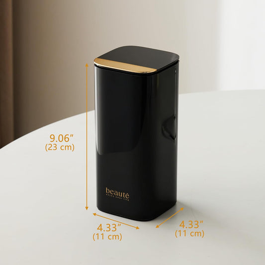 Makeup Brush Holder with Lid, Push Pop-Up Makeup Brush Organizer,4 Slots Makeup Cosmetics Organizer for Vanity Decor, Bathroom Countertop ,Large Capcity, Dustproof,Waterproof | White and Gold (Black)