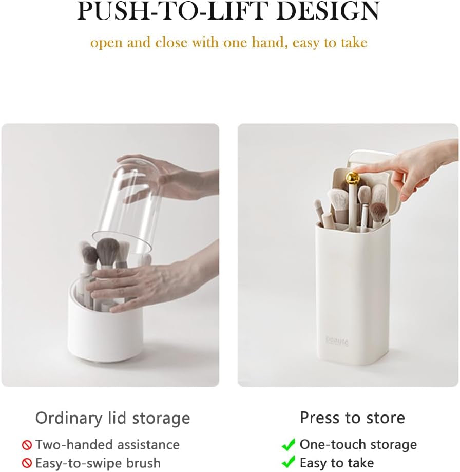 Makeup Brush Holder with Lid, Push Pop-Up Makeup Brush Organizer,4 Slots Makeup Cosmetics Organizer for Vanity Decor, Bathroom Countertop ,Large Capcity, Dustproof,Waterproof | White and Gold (Black)