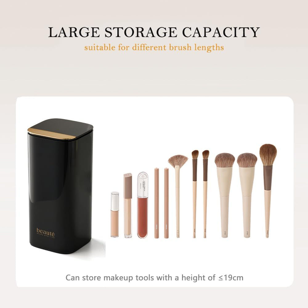 Makeup Brush Holder with Lid, Push Pop-Up Makeup Brush Organizer,4 Slots Makeup Cosmetics Organizer for Vanity Decor, Bathroom Countertop ,Large Capcity, Dustproof,Waterproof | White and Gold (Black)